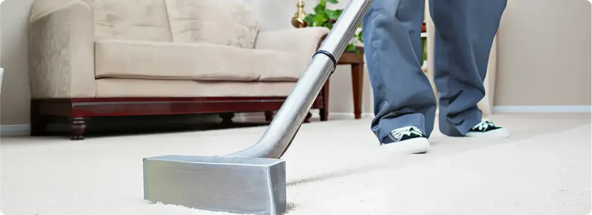 Carpet cleaning technician using a hot-water extraction wand on a light-colored carpet in a living room, Philadelphia, PA.